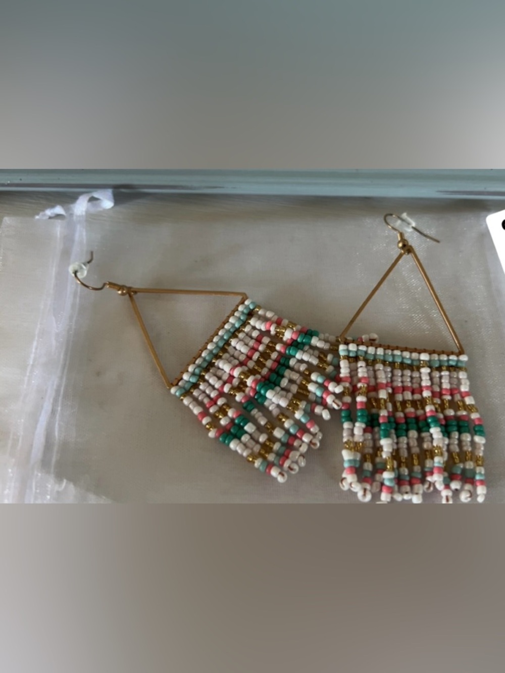 Beaded Fringe Statement Earrings in White, Teal & Pink